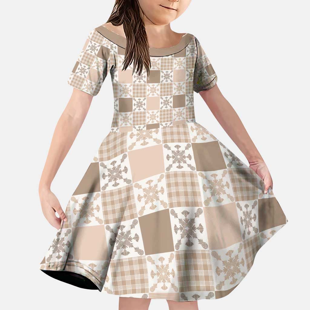 Hawaiian Palaka Quilt Pattern Family Matching Puletasi and Hawaiian Shirt Hawaii Culture Pineapple LT9 Daughter's Dress Beige - Polynesian Pride