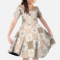 Hawaiian Palaka Quilt Pattern Family Matching Puletasi and Hawaiian Shirt Hawaii Culture Pineapple LT9 Daughter's Dress Beige - Polynesian Pride