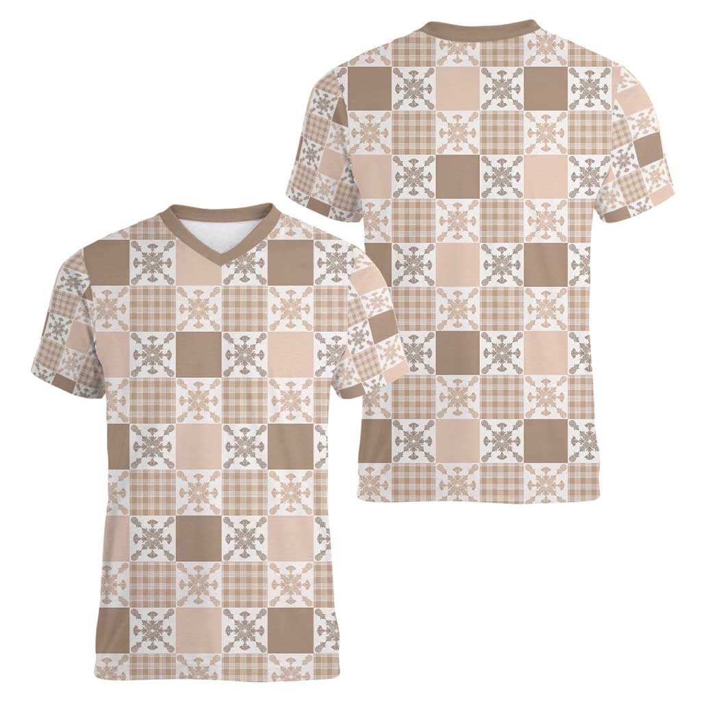 Hawaiian Palaka Quilt Pattern Women V-Neck T-Shirt Hawaii Culture Pineapple - Polynesian Pride