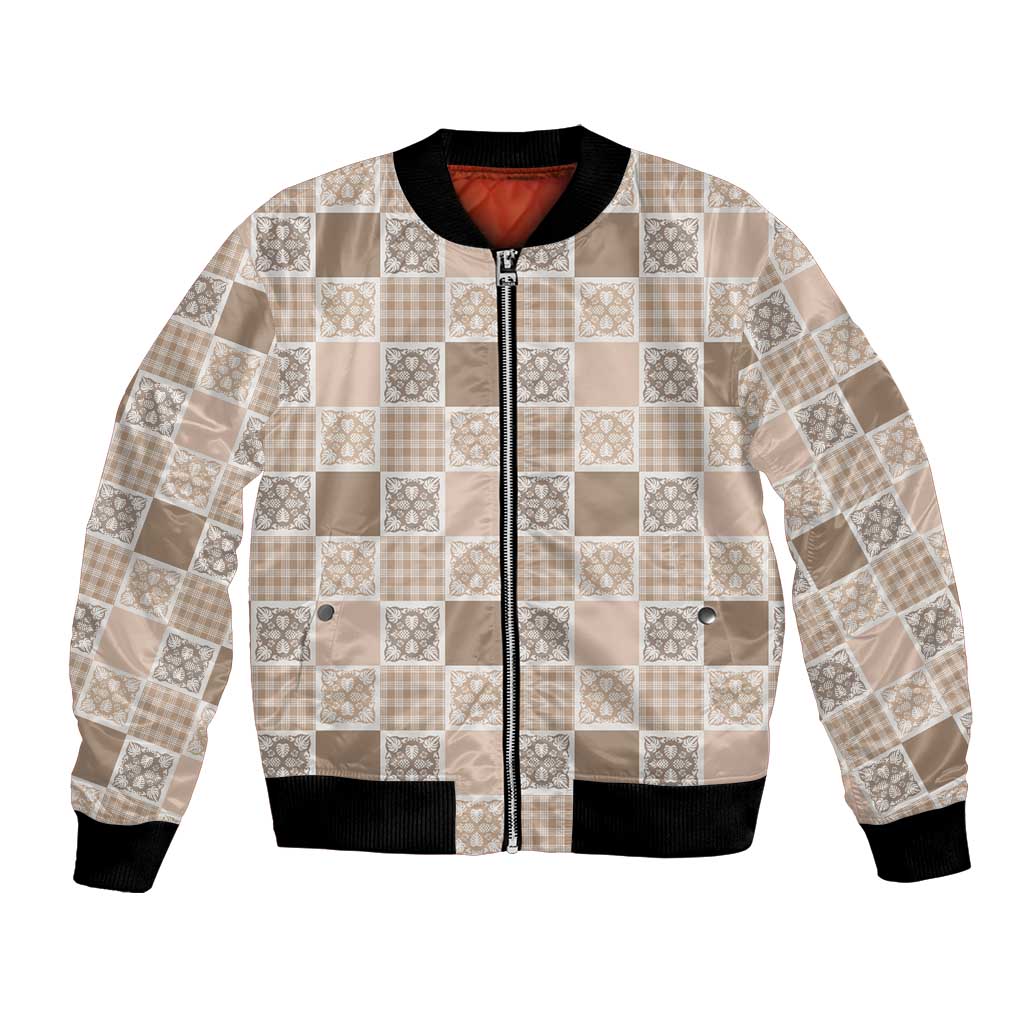 Hawaiian Palaka Quilt Pattern Bomber Jacket Hawaii Culture Tropical Flowers Mix LT9 Unisex Beige - Polynesian Pride