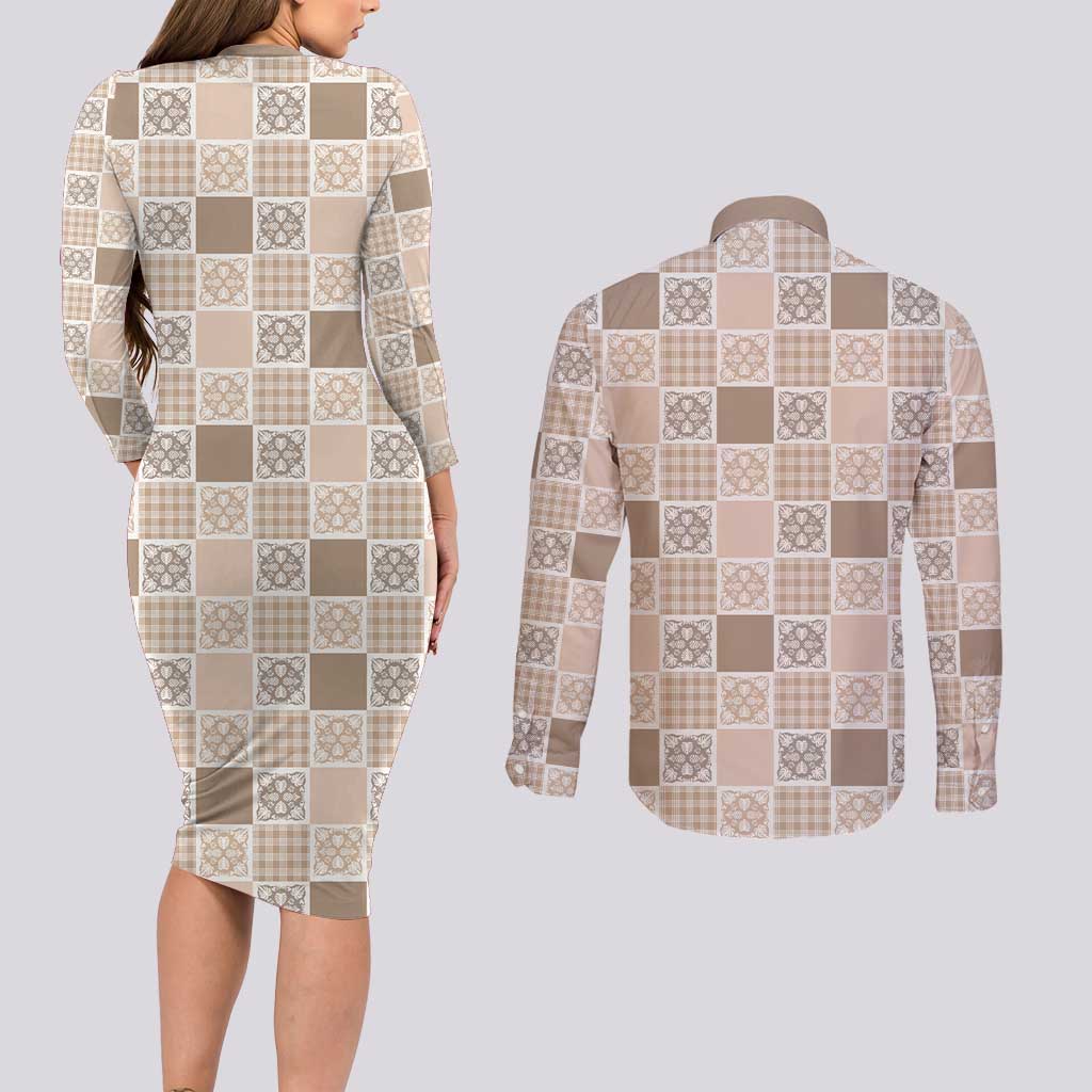 Hawaiian Palaka Quilt Pattern Couples Matching Long Sleeve Bodycon Dress and Long Sleeve Button Shirt Hawaii Culture Tropical Flowers Mix - Polynesian Pride