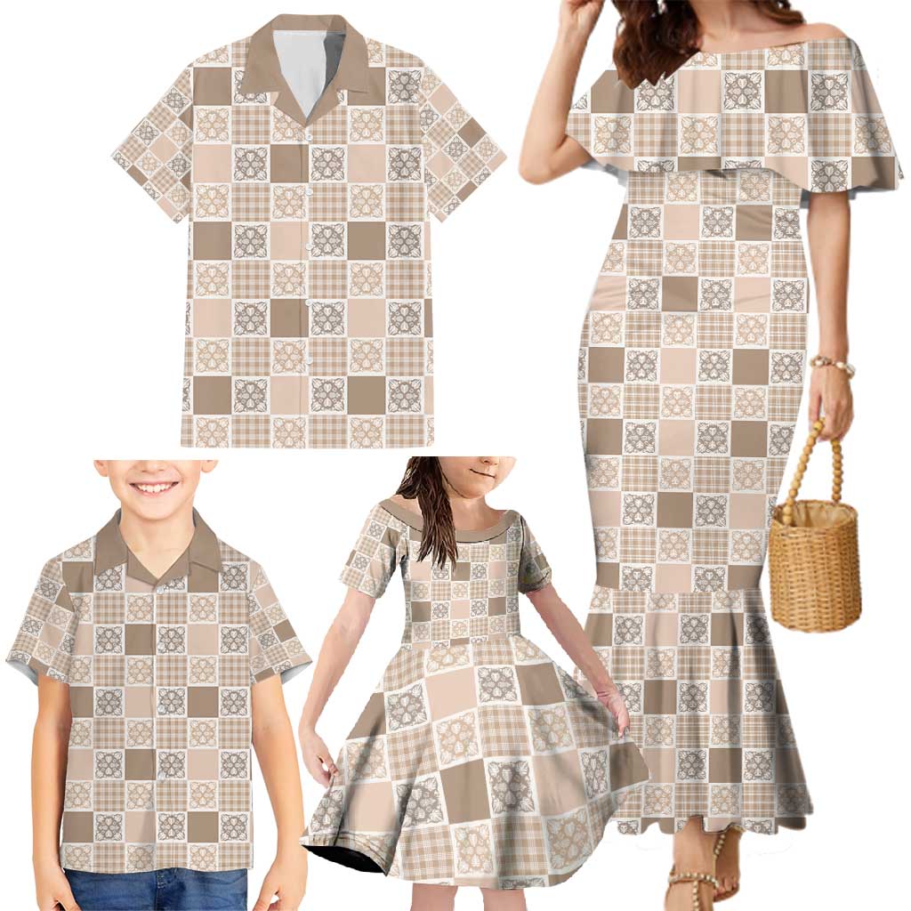 Hawaiian Palaka Quilt Pattern Family Matching Mermaid Dress and Hawaiian Shirt Hawaii Culture Tropical Flowers Mix - Polynesian Pride