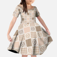 Hawaiian Palaka Quilt Pattern Family Matching Off The Shoulder Long Sleeve Dress and Hawaiian Shirt Hawaii Culture Tropical Flowers Mix - Polynesian Pride