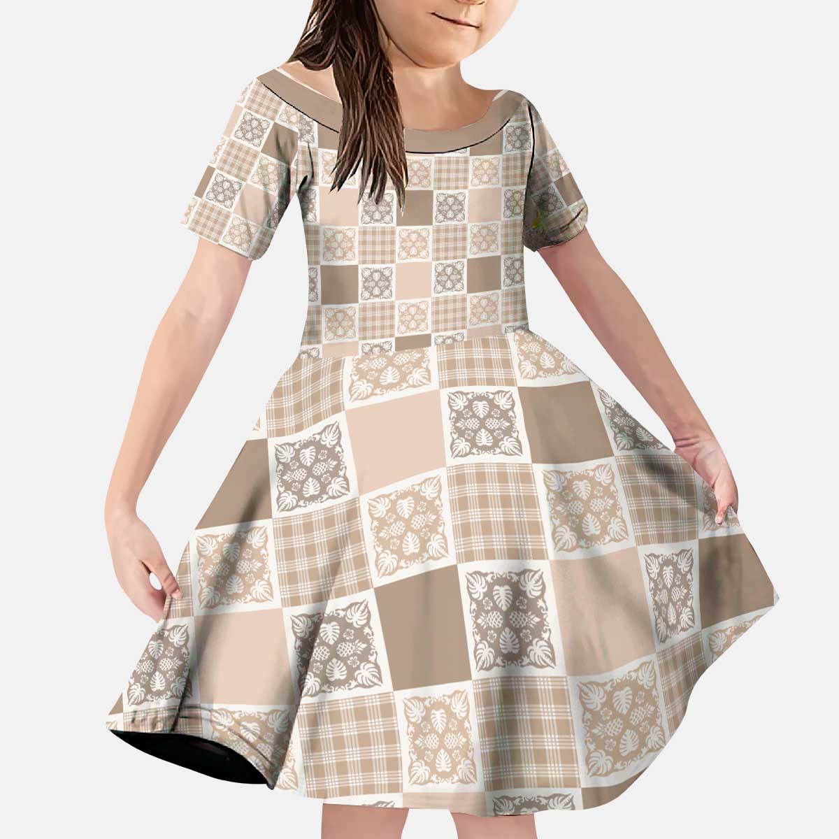 Hawaiian Palaka Quilt Pattern Kid Short Sleeve Dress Hawaii Culture Tropical Flowers Mix - Polynesian Pride