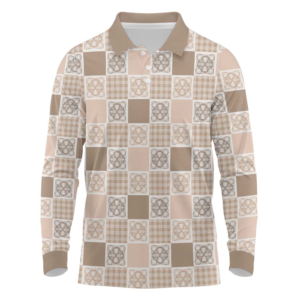 Hawaiian Palaka Quilt Pattern Long Sleeve Polo Shirt Hawaii Culture Tropical Flowers Mix - Polynesian Pride