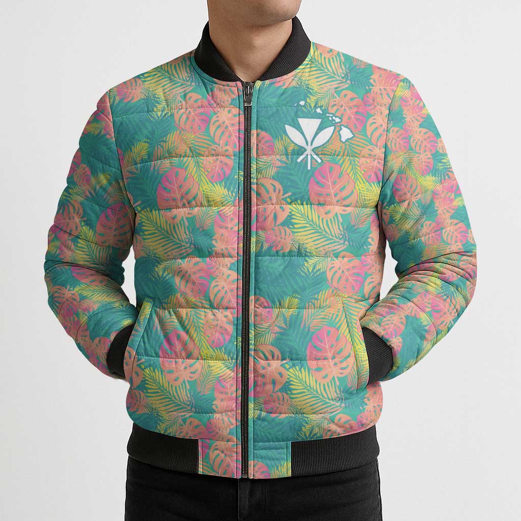 Seamless Hawaiian Quilt Pattern Bomber Puffer Jacket Hawaii Culture Palm Leaf Tropical - Polynesian Pride