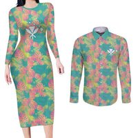 Seamless Hawaiian Quilt Pattern Couples Matching Long Sleeve Bodycon Dress and Long Sleeve Button Shirt Hawaii Culture Palm Leaf Tropical - Polynesian Pride