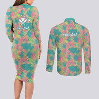 Seamless Hawaiian Quilt Pattern Couples Matching Long Sleeve Bodycon Dress and Long Sleeve Button Shirt Hawaii Culture Palm Leaf Tropical - Polynesian Pride