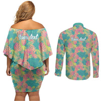 Seamless Hawaiian Quilt Pattern Couples Matching Off Shoulder Short Dress and Long Sleeve Button Shirt Hawaii Culture Palm Leaf Tropical - Polynesian Pride