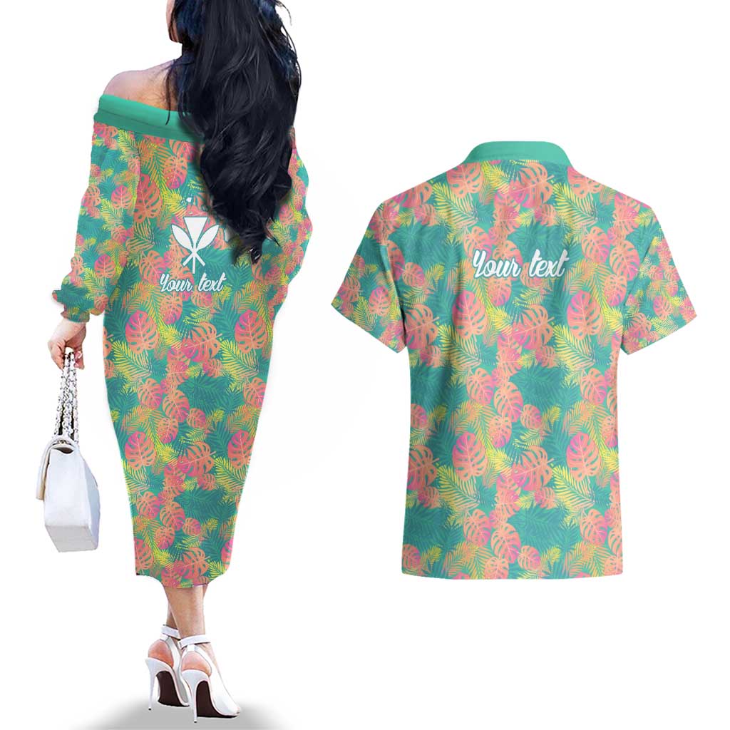 Seamless Hawaiian Quilt Pattern Couples Matching Off The Shoulder Long Sleeve Dress and Hawaiian Shirt Hawaii Culture Palm Leaf Tropical - Polynesian Pride