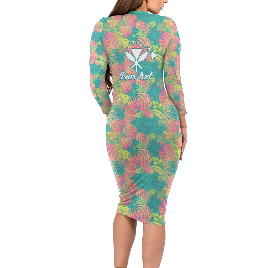 Seamless Hawaiian Quilt Pattern Long Sleeve Bodycon Dress Hawaii Culture Palm Leaf Tropical - Polynesian Pride