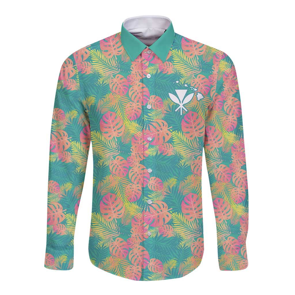 Seamless Hawaiian Quilt Pattern Long Sleeve Button Shirt Hawaii Culture Palm Leaf Tropical - Polynesian Pride
