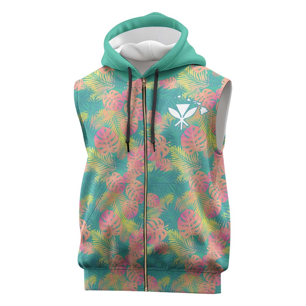 Seamless Hawaiian Quilt Pattern Sleeveless Zip Hoodie Hawaii Culture Palm Leaf Tropical - Polynesian Pride