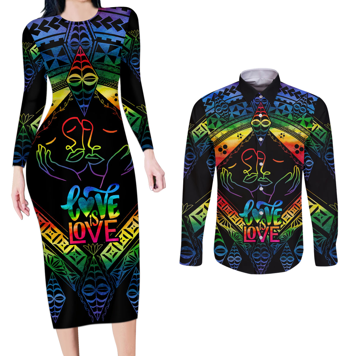 tonga-lgbt-couples-matching-long-sleeve-bodycon-dress-and-long-sleeve-button-shirts-love-is-love-ngatu-rainbow-water-color