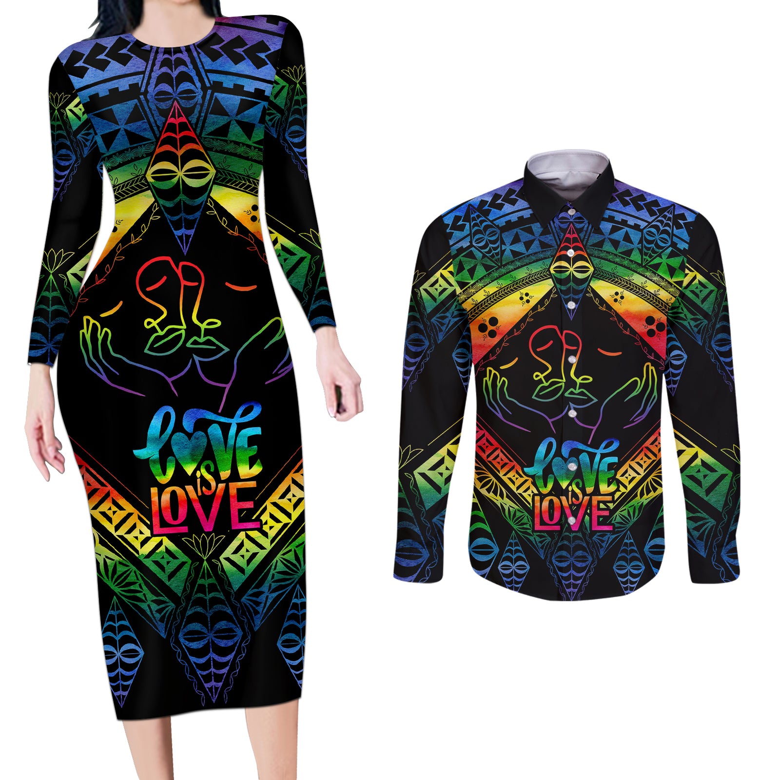 tonga-lgbt-couples-matching-long-sleeve-bodycon-dress-and-long-sleeve-button-shirts-love-is-love-ngatu-rainbow-water-color