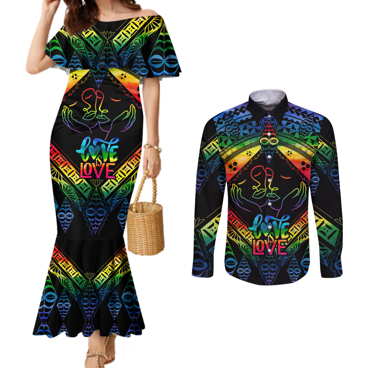 tonga-lgbt-couples-matching-mermaid-dress-and-long-sleeve-button-shirts-love-is-love-ngatu-rainbow-water-color