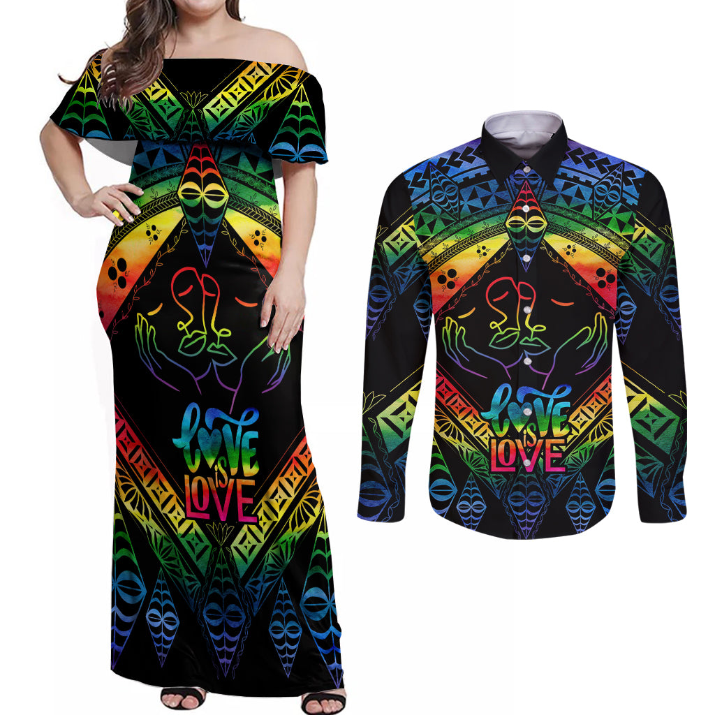 Tonga LGBT Couples Matching Off Shoulder Maxi Dress and Long Sleeve Button Shirts Love Is Love Ngatu Rainbow Water Color LT9 Black - Polynesian Pride