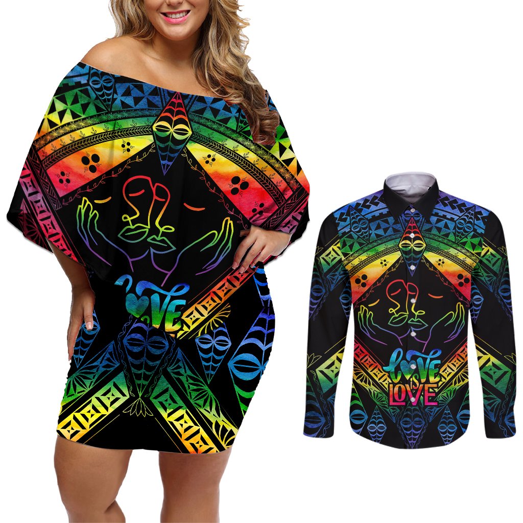Tonga LGBT Couples Matching Off Shoulder Short Dress and Long Sleeve Button Shirts Love Is Love Ngatu Rainbow Water Color LT9 Black - Polynesian Pride