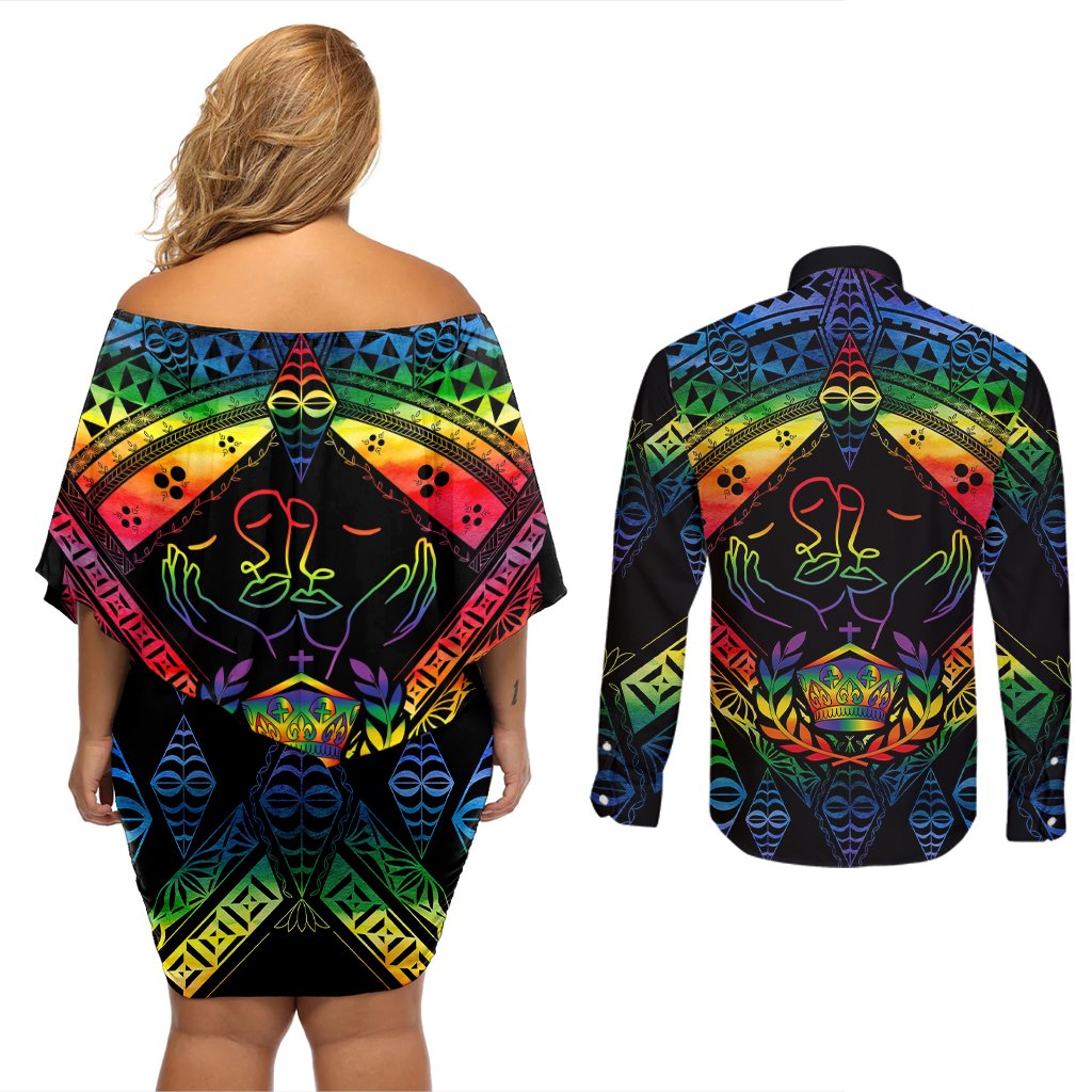 Tonga LGBT Couples Matching Off Shoulder Short Dress and Long Sleeve Button Shirts Love Is Love Ngatu Rainbow Water Color LT9 - Polynesian Pride