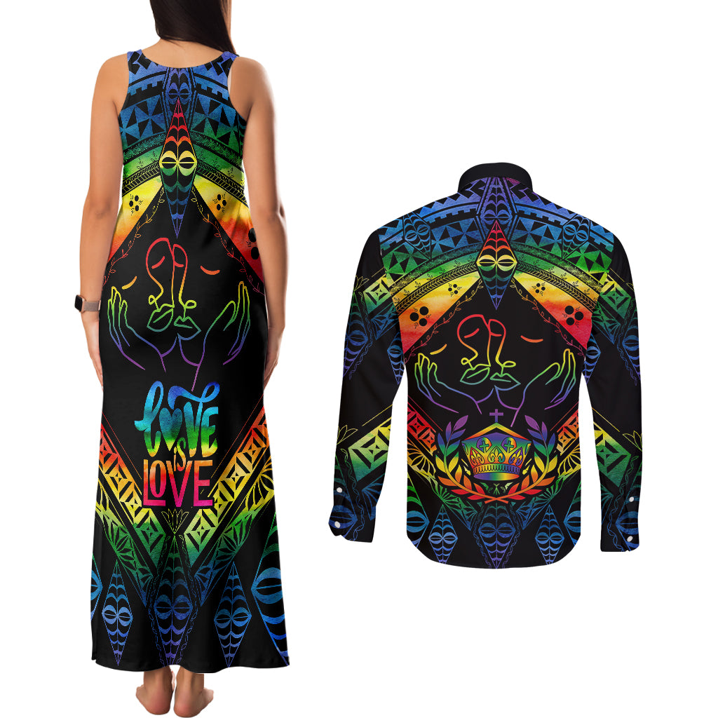 tonga-lgbt-couples-matching-tank-maxi-dress-and-long-sleeve-button-shirts-love-is-love-ngatu-rainbow-water-color