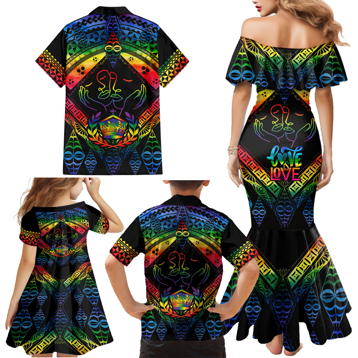 Tonga LGBT Family Matching Mermaid Dress and Hawaiian Shirt Love Is Love Ngatu Rainbow Water Color LT9 - Polynesian Pride