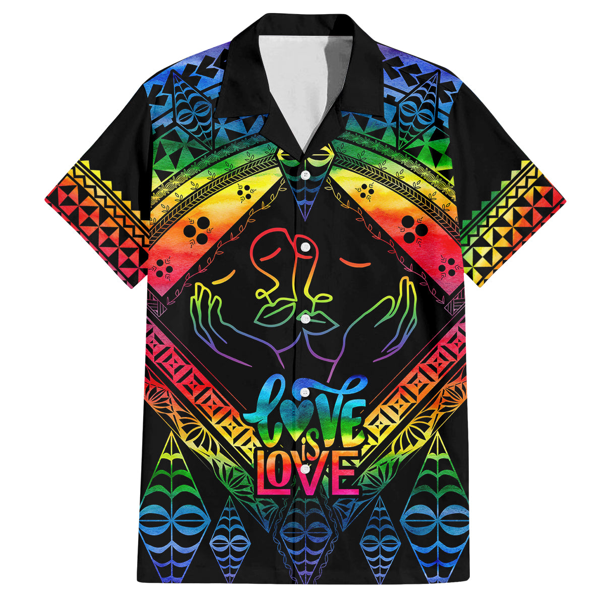 Tonga LGBT Family Matching Off Shoulder Short Dress and Hawaiian Shirt Love Is Love Ngatu Rainbow Water Color LT9 Dad's Shirt - Short Sleeve Black - Polynesian Pride