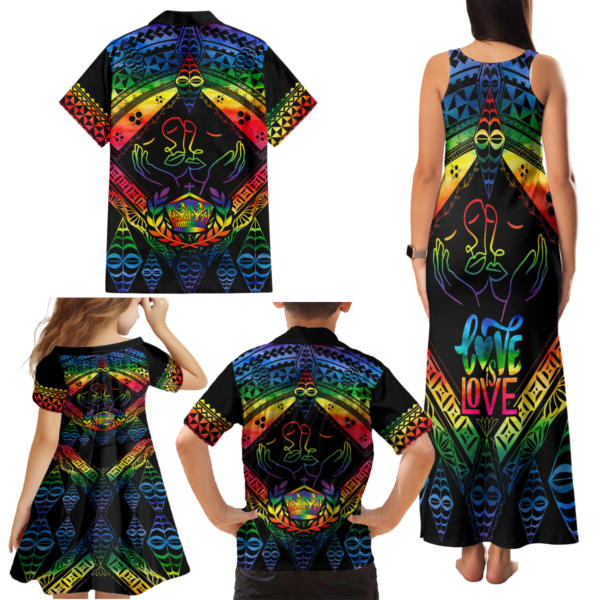 Tonga LGBT Family Matching Tank Maxi Dress and Hawaiian Shirt Love Is Love Ngatu Rainbow Water Color LT9 - Polynesian Pride