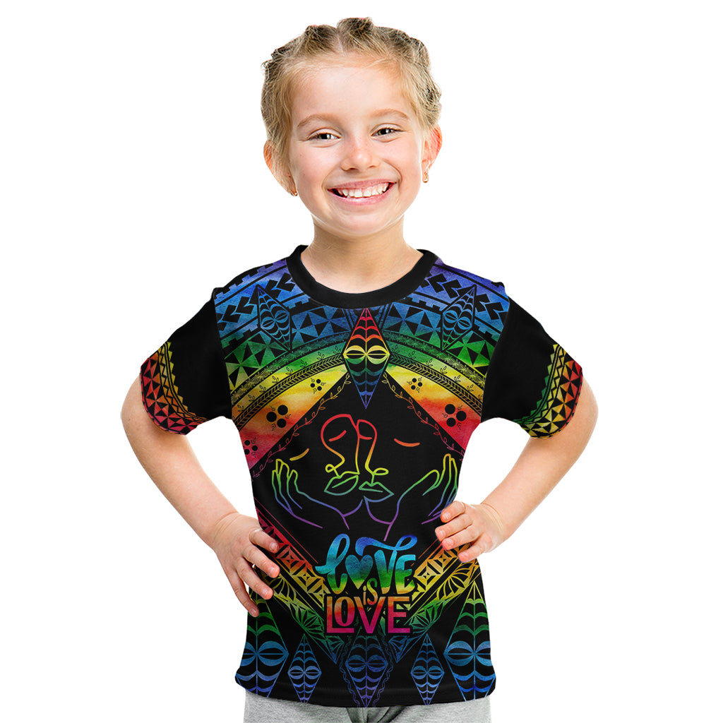 Tonga LGBT Kid T Shirt Love Is Love Ngatu Rainbow Water Color LT9 Black - Polynesian Pride