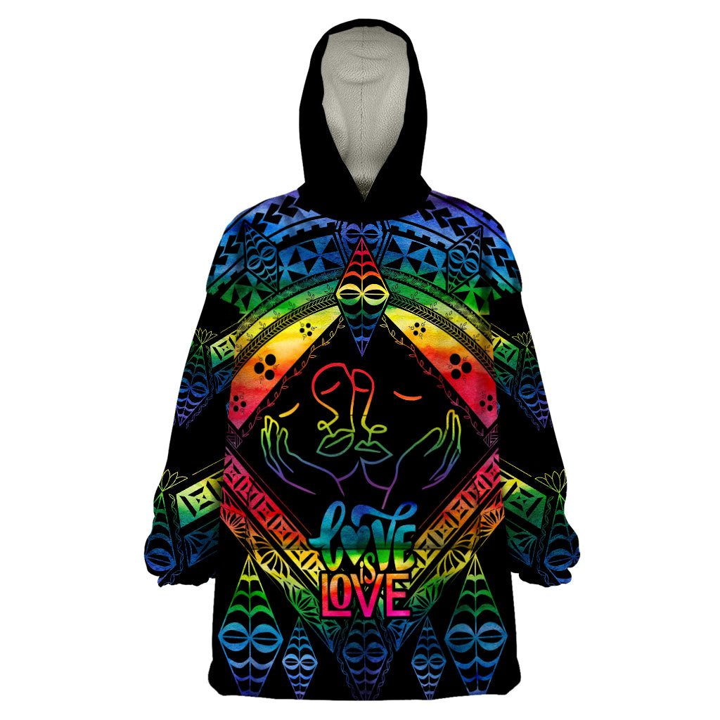 Tonga LGBT Wearable Blanket Hoodie Love Is Love Ngatu Rainbow Water Color LT9 One Size Black - Polynesian Pride