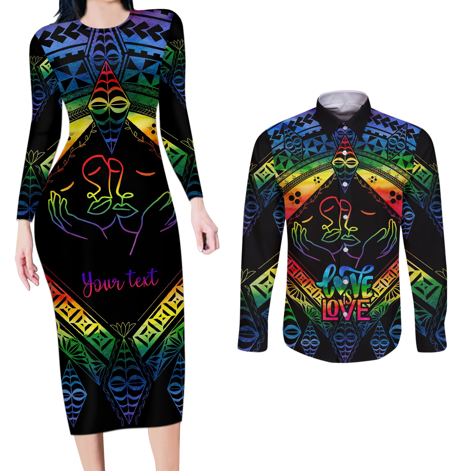 personalised-tonga-lgbt-couples-matching-long-sleeve-bodycon-dress-and-long-sleeve-button-shirts-love-is-love-ngatu-rainbow-water-color