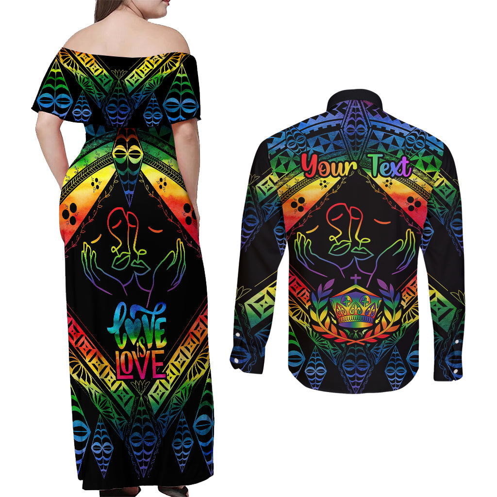 Personalised Tonga LGBT Couples Matching Off Shoulder Maxi Dress and Long Sleeve Button Shirts Love Is Love Ngatu Rainbow Water Color LT9 - Polynesian Pride