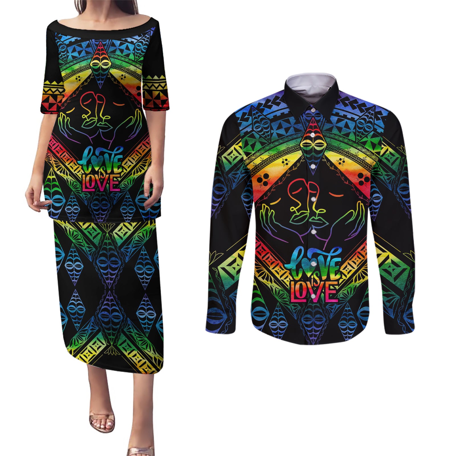personalised-tonga-lgbt-couples-matching-puletasi-dress-and-long-sleeve-button-shirts-love-is-love-ngatu-rainbow-water-color