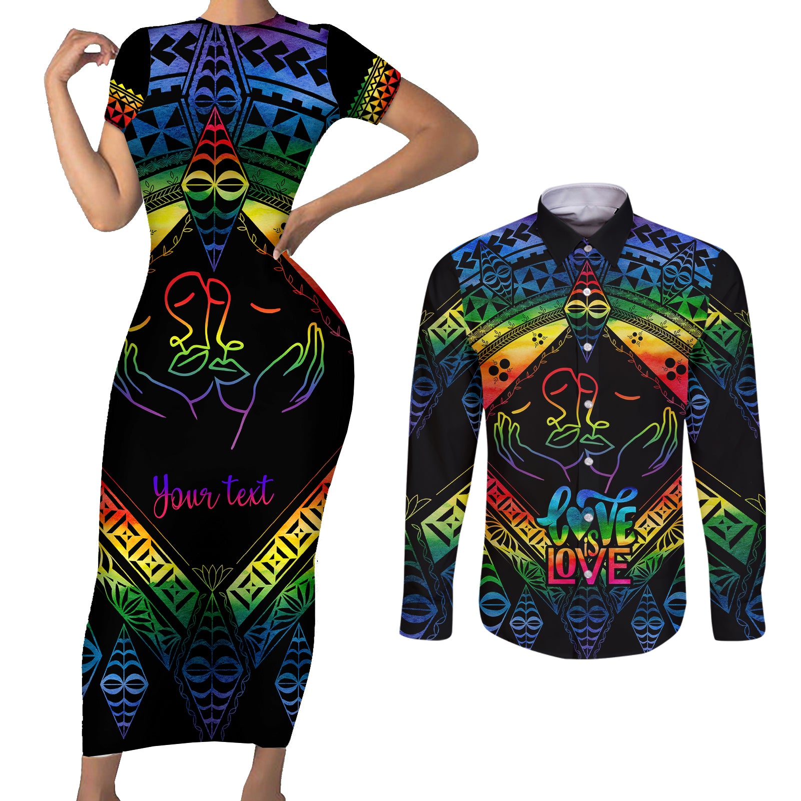 personalised-tonga-lgbt-couples-matching-short-sleeve-bodycon-dress-and-long-sleeve-button-shirts-love-is-love-ngatu-rainbow-water-color