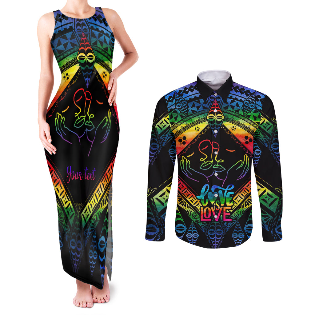 personalised-tonga-lgbt-couples-matching-tank-maxi-dress-and-long-sleeve-button-shirts-love-is-love-ngatu-rainbow-water-color