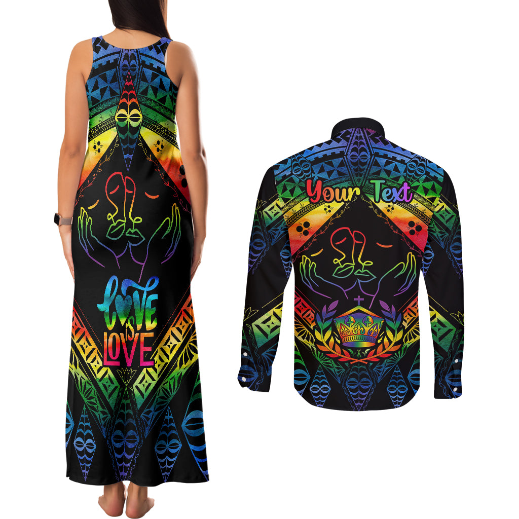 Personalised Tonga LGBT Couples Matching Tank Maxi Dress and Long Sleeve Button Shirts Love Is Love Ngatu Rainbow Water Color LT9 - Polynesian Pride