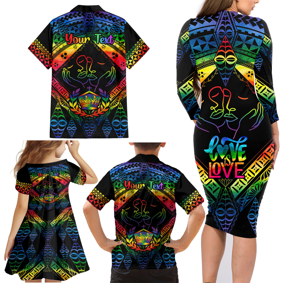 Personalised Tonga LGBT Family Matching Long Sleeve Bodycon Dress and Hawaiian Shirt Love Is Love Ngatu Rainbow Water Color LT9 - Polynesian Pride