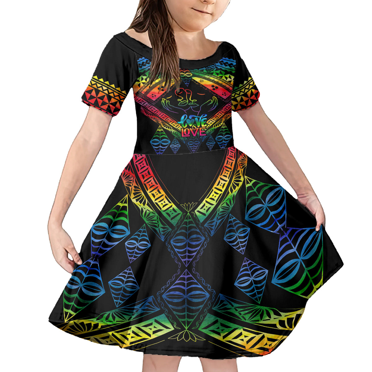 Personalised Tonga LGBT Family Matching Tank Maxi Dress and Hawaiian Shirt Love Is Love Ngatu Rainbow Water Color LT9 Daughter's Dress Black - Polynesian Pride