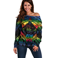 Personalised Tonga LGBT Off Shoulder Sweater Love Is Love Ngatu Rainbow Water Color LT9 Women Black - Polynesian Pride