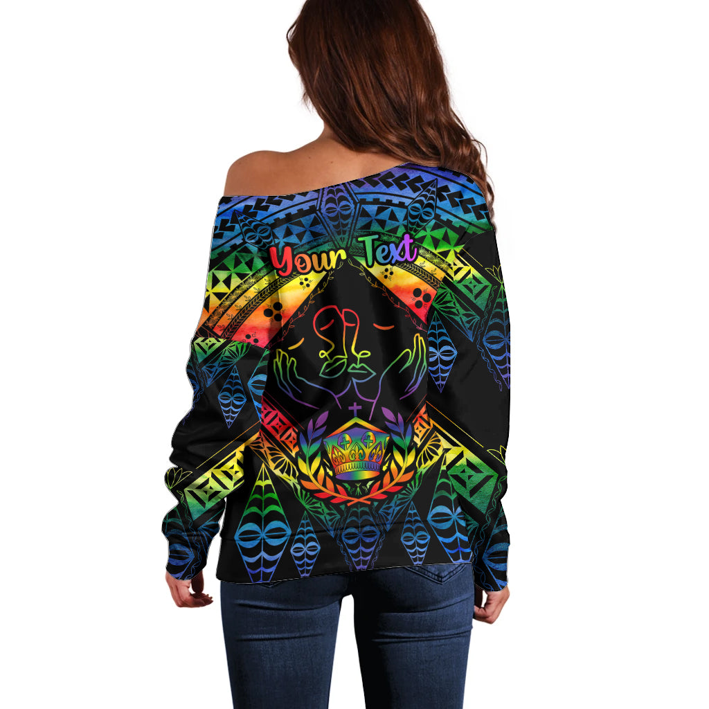 Personalised Tonga LGBT Off Shoulder Sweater Love Is Love Ngatu Rainbow Water Color LT9 - Polynesian Pride