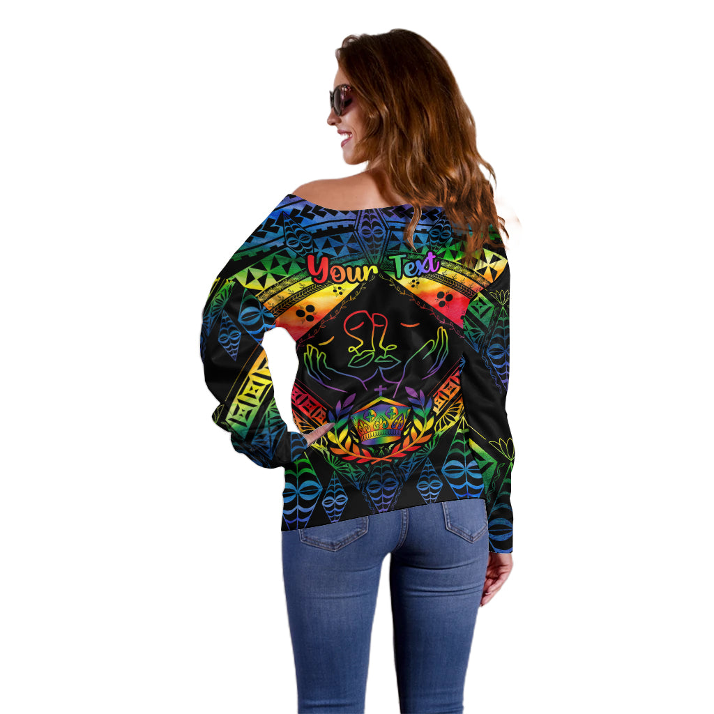 Personalised Tonga LGBT Off Shoulder Sweater Love Is Love Ngatu Rainbow Water Color LT9 - Polynesian Pride