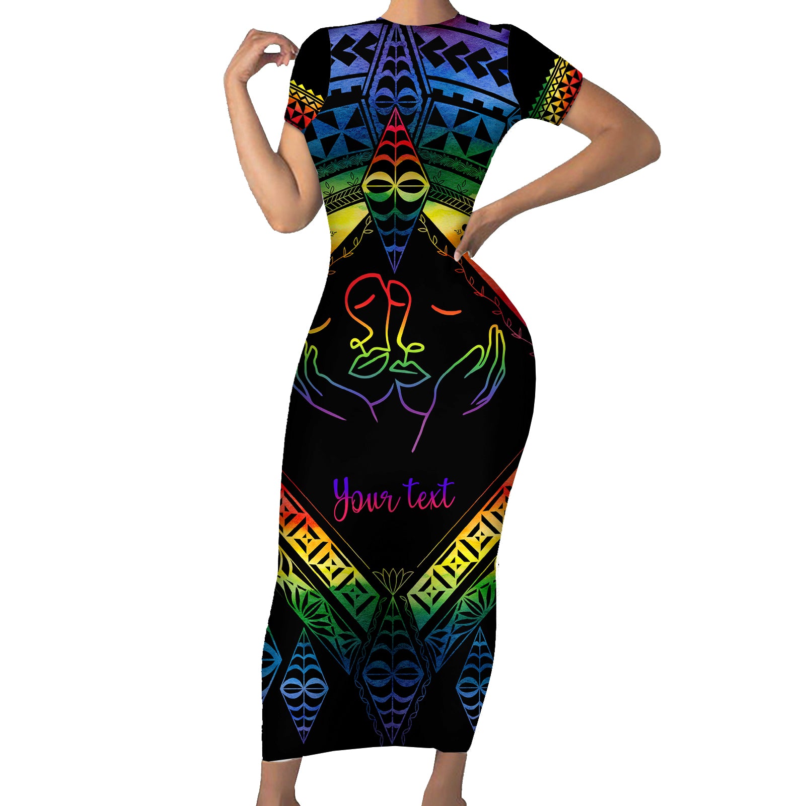 personalised-tonga-lgbt-short-sleeve-bodycon-dress-love-is-love-ngatu-rainbow-water-color