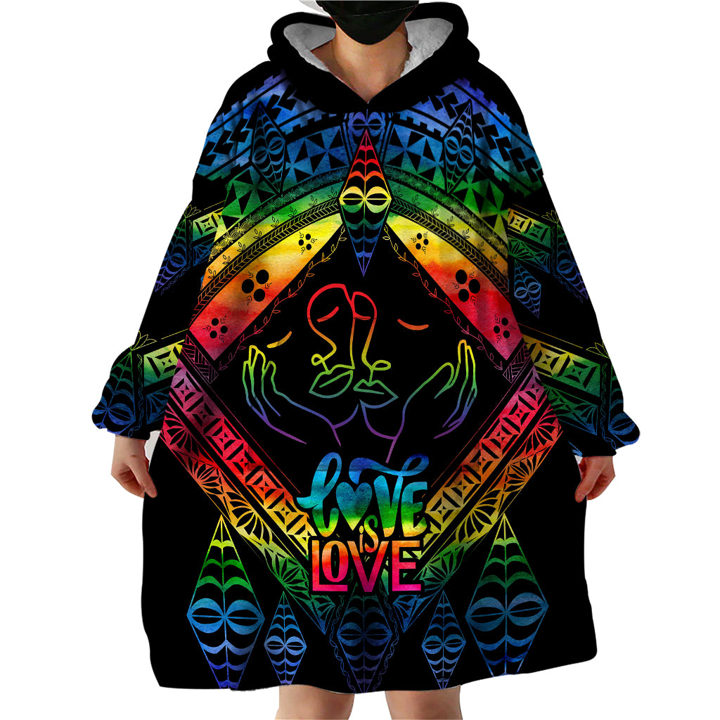 Personalised Tonga LGBT Wearable Blanket Hoodie Love Is Love Ngatu Rainbow Water Color LT9 - Polynesian Pride