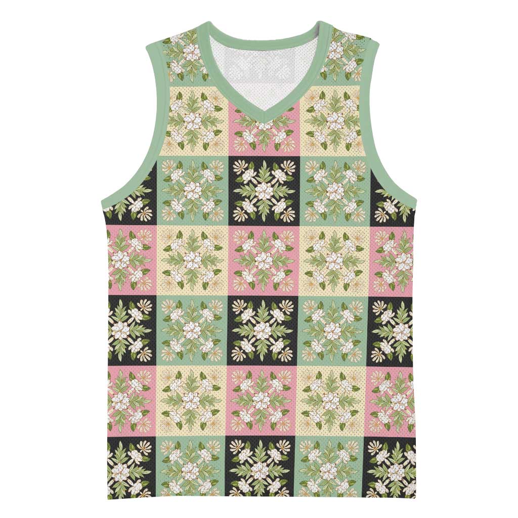 Seamless Pattern Maile and Pikake Lei Basketball Jersey Squares Maile Leaf LT9 Unisex Green - Polynesian Pride