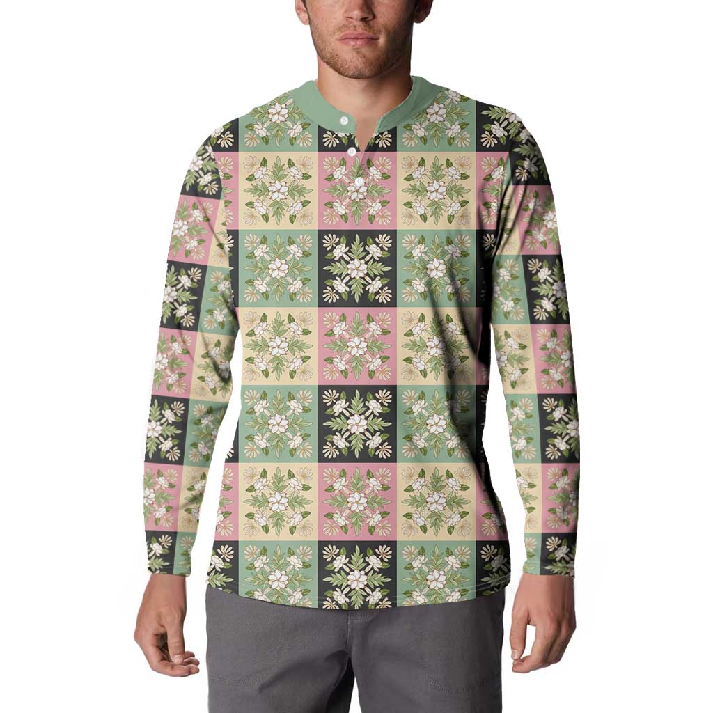 Seamless Pattern Maile and Pikake Lei Button Sweatshirt Squares Maile Leaf - Polynesian Pride