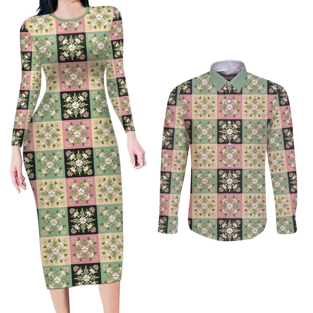 Seamless Pattern Maile and Pikake Lei Couples Matching Long Sleeve Bodycon Dress and Long Sleeve Button Shirt Squares Maile Leaf - Polynesian Pride