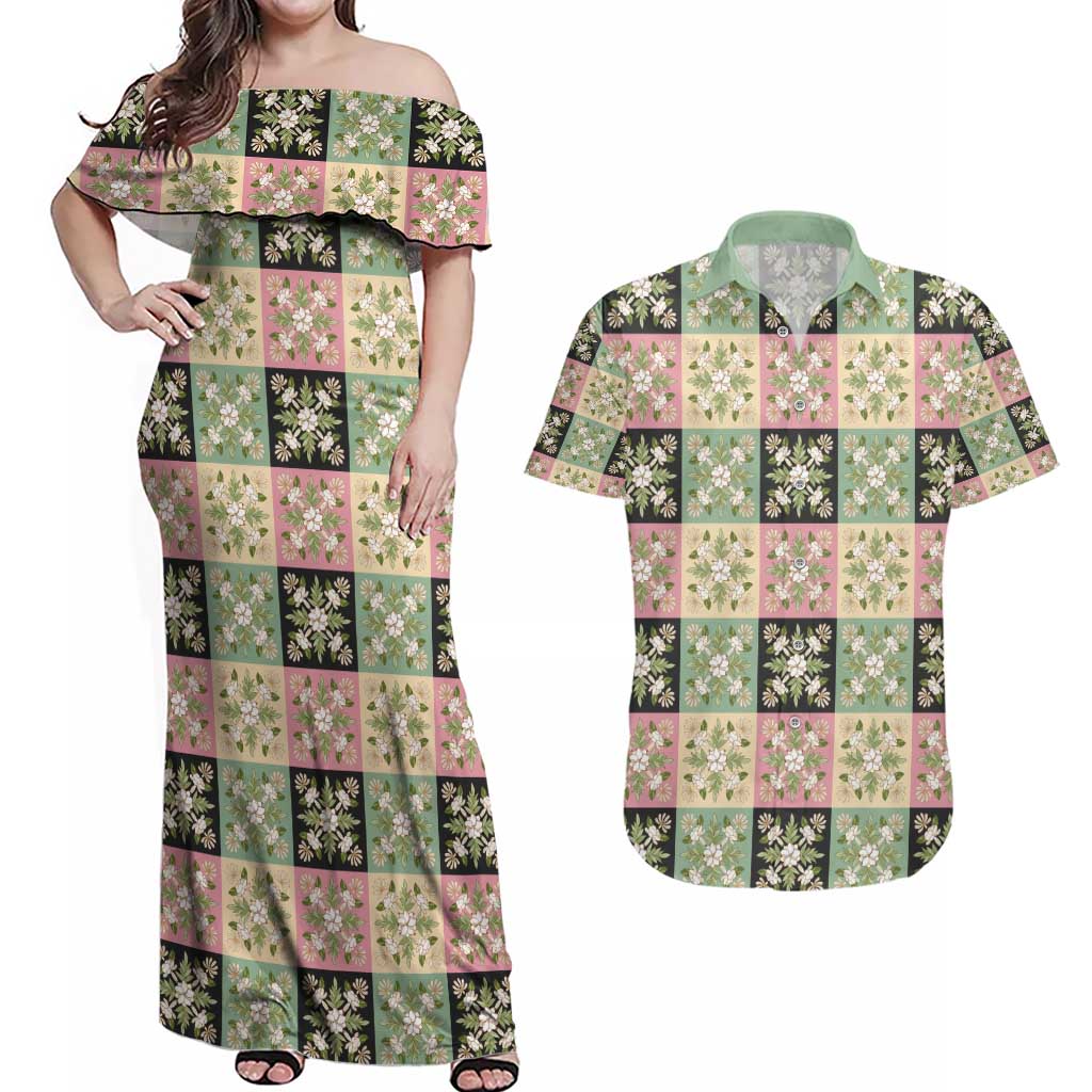 Seamless Pattern Maile and Pikake Lei Couples Matching Off Shoulder Maxi Dress and Hawaiian Shirt Squares Maile Leaf - Polynesian Pride