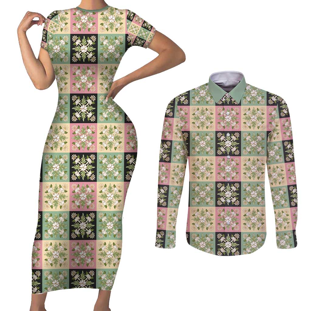 Seamless Pattern Maile and Pikake Lei Couples Matching Short Sleeve Bodycon Dress and Long Sleeve Button Shirt Squares Maile Leaf - Polynesian Pride