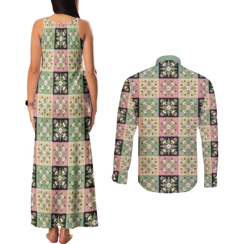Seamless Pattern Maile and Pikake Lei Couples Matching Tank Maxi Dress and Long Sleeve Button Shirt Squares Maile Leaf - Polynesian Pride