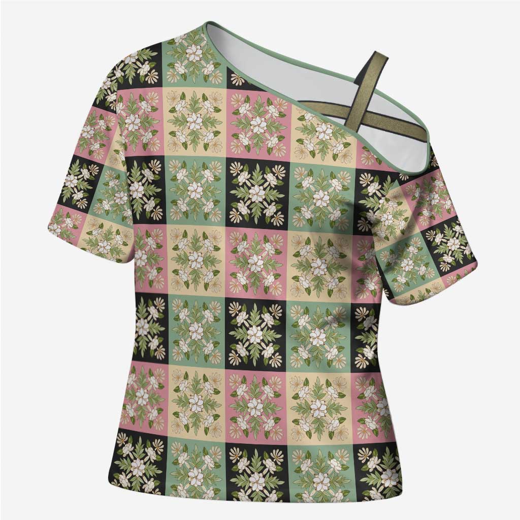 Seamless Pattern Maile and Pikake Lei Cross Shoulder Shirt Squares Maile Leaf LT9 Female Green - Polynesian Pride