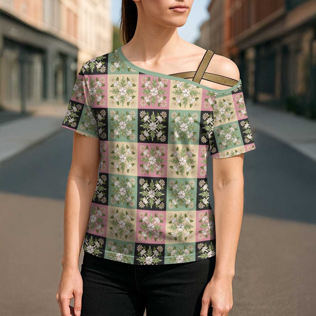 Seamless Pattern Maile and Pikake Lei Cross Shoulder Shirt Squares Maile Leaf - Polynesian Pride